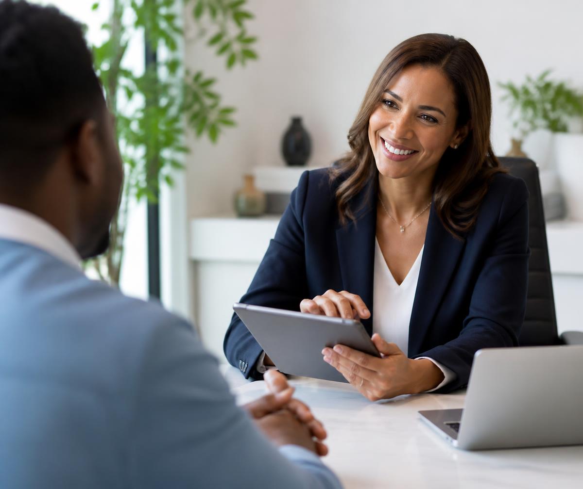 Consultora da Rafer Cred atendendo um cliente em escritório moderno